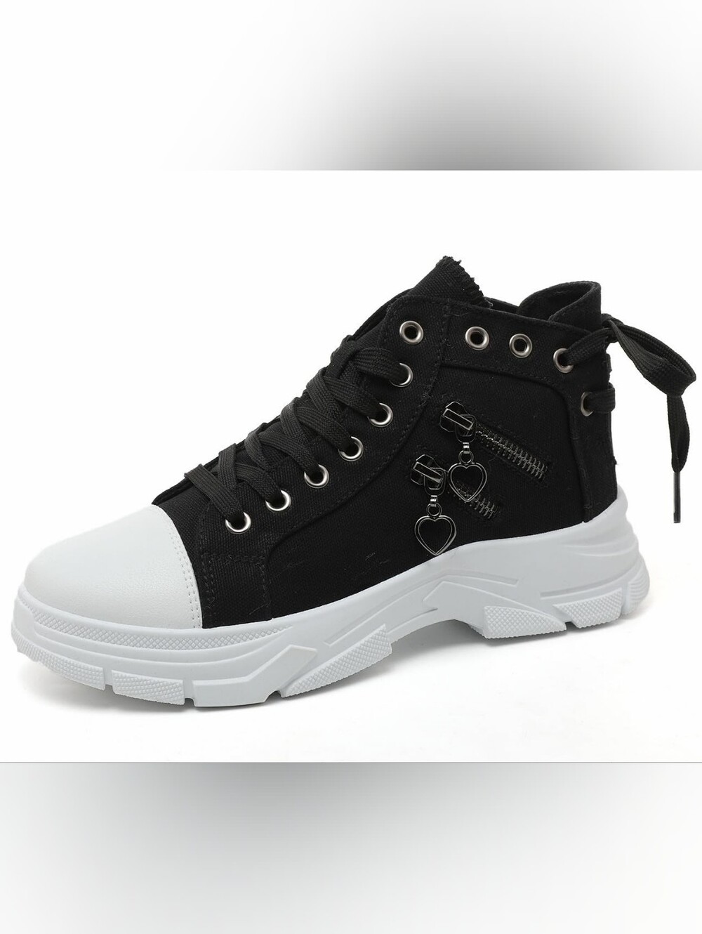 Women’s Lightweight Black High-Top Chunky Platform Sneaker with White Sole, 6